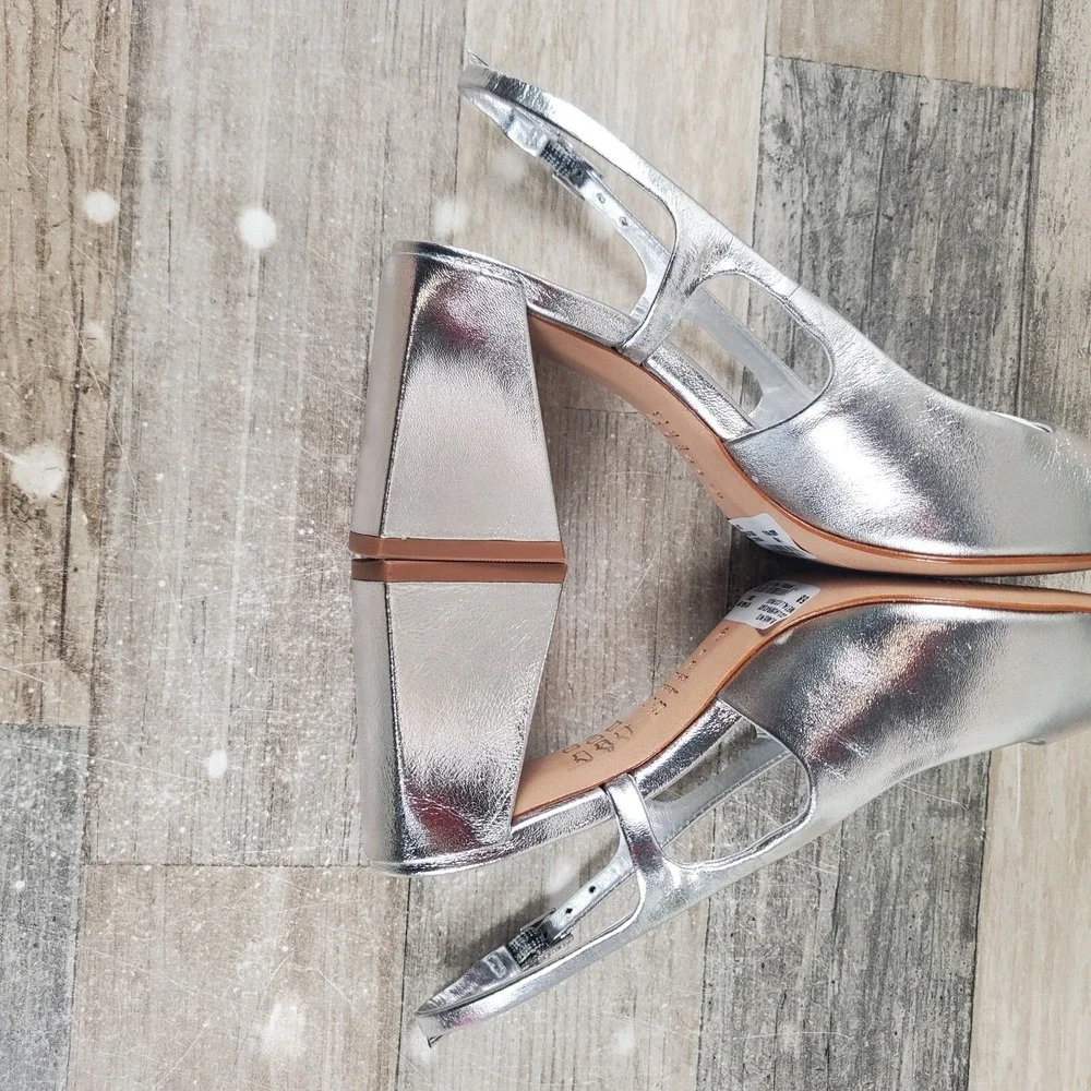 Schutz Blanche Mid Womens Pumps Sz 5 B Block Heel Prata Metallic Slingback Strap